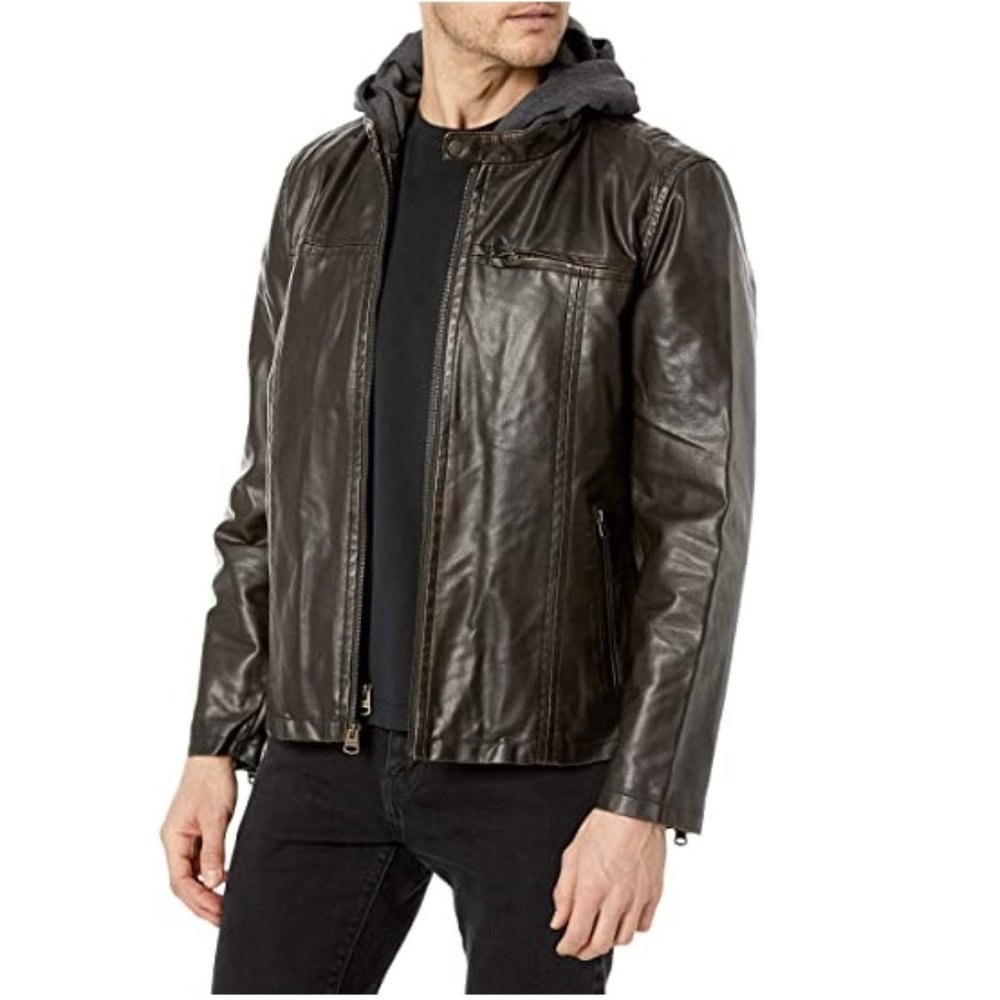 NWT Levi's mens Faux Leather Hooded Racer Jacket Faux Leather Size M $180 2D106